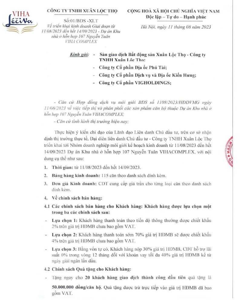 Chính sách bán hàng Viha leciva đợt 1