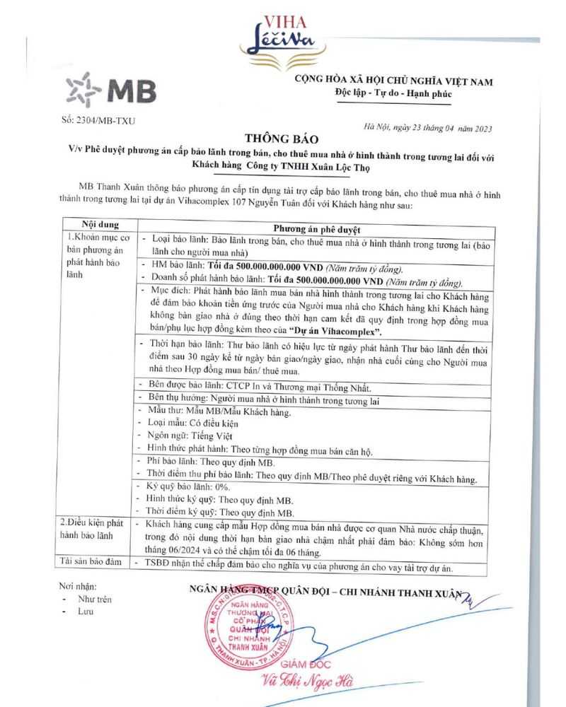 Chính sách bán hàng Viha Leciva hợp tác với MB bank hỗ trợ vay vốn