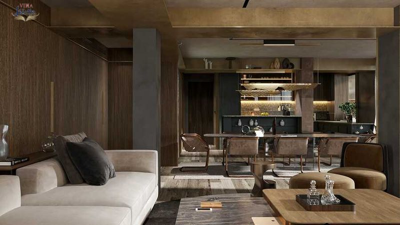 Khu vực phòng khách thông với phòng bếp căn hộ Penthouse Viha Leciva