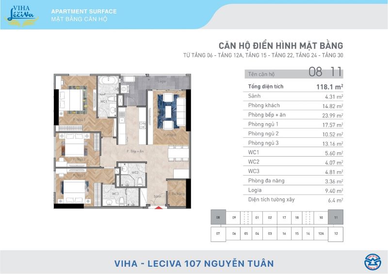 Bản vẽ căn hộ 3 phòng ngủ 3 phòng tắm tại Viha Leciva 