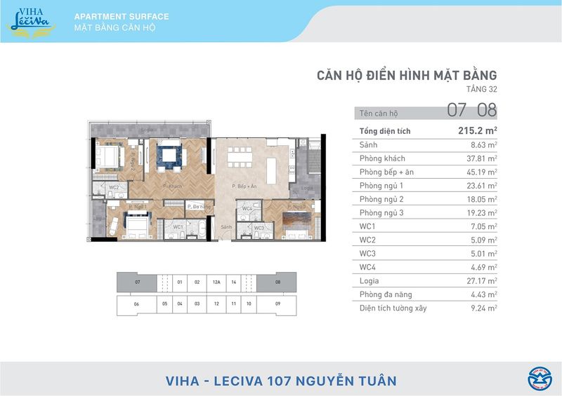 Thiết kế mặt bằng Penthouse Viha Leciva tầng 32 215.2 m²